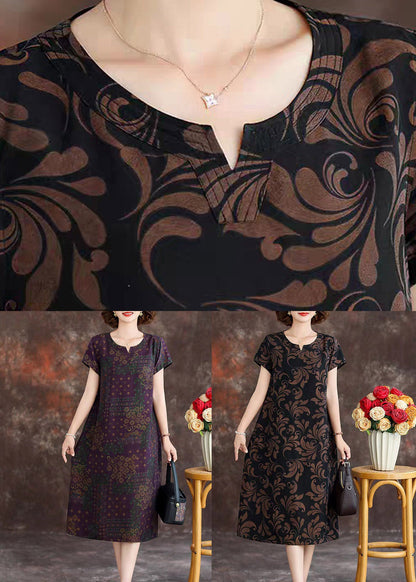 Purple Patchwork Silk Long Dresses Short Sleeve
