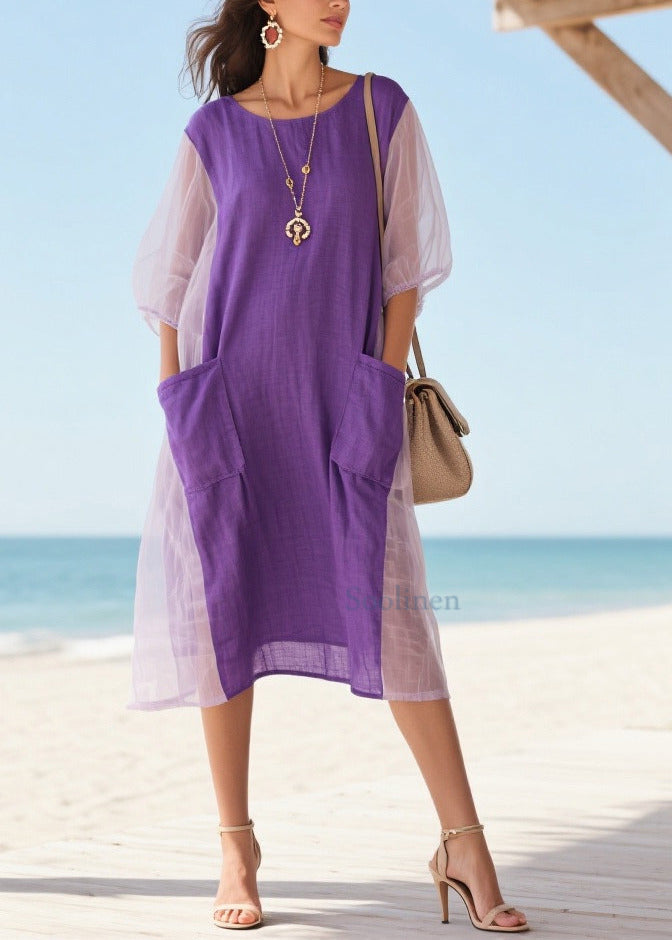 Purple Patchwork Tulle Vacation Dress Oversized Pockets Summer