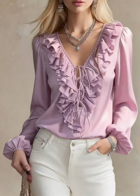 Purple Ruffled Lace Up Chiffon Blouses V Neck Lantern Sleeve