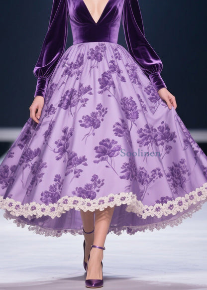 Purple Solid Silk Velvet Patchwork Print Lace Floral Long Dress V Neck Spring