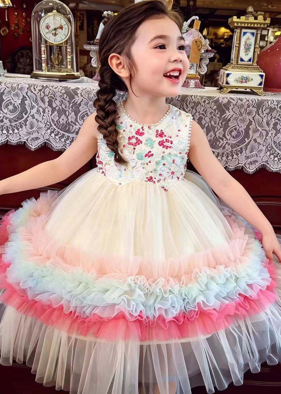 Rainbow Patchwork Tulle Kids Girls Long Dress Sequins Summer
