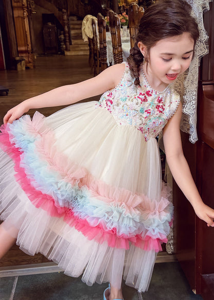 Rainbow Patchwork Tulle Kids Girls Long Dress Sequins Summer