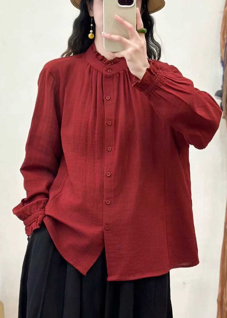 Red Loose Cotton Shirt Ruffled Stand Collar Fall