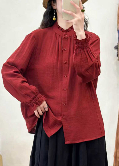 Red Loose Cotton Shirt Ruffled Stand Collar Fall