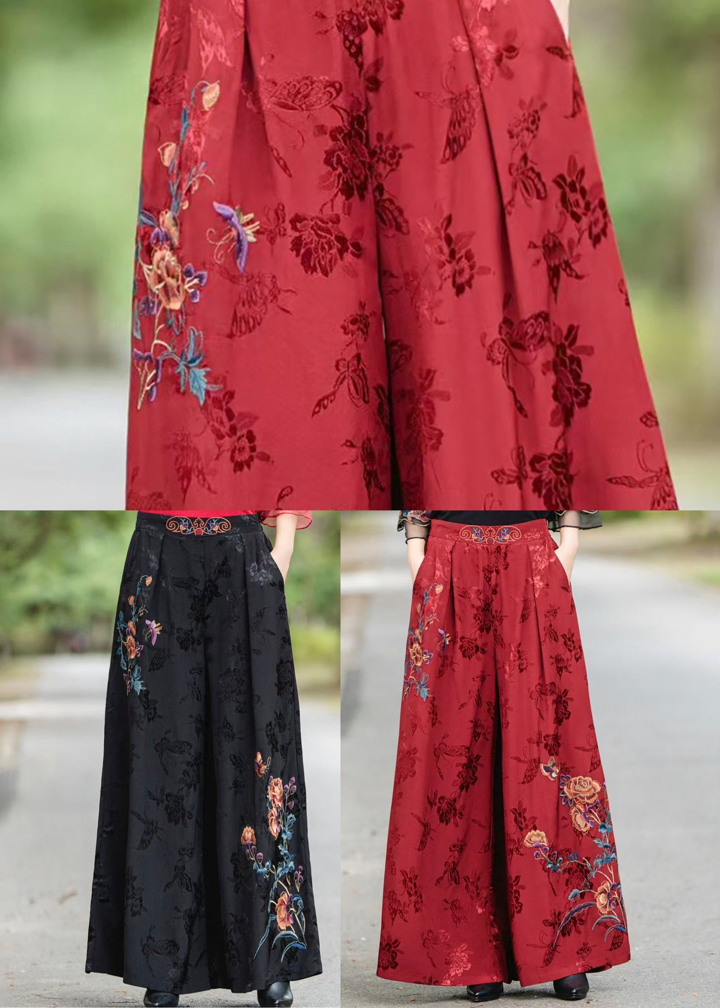 Red Pockets Jacquard Vintage Silk Pants Elastic Waist Fall