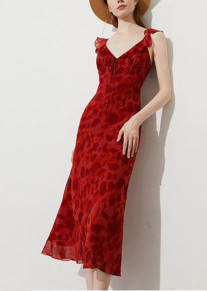 Red Print Chiffon Ankle Dress Ruffled Summer