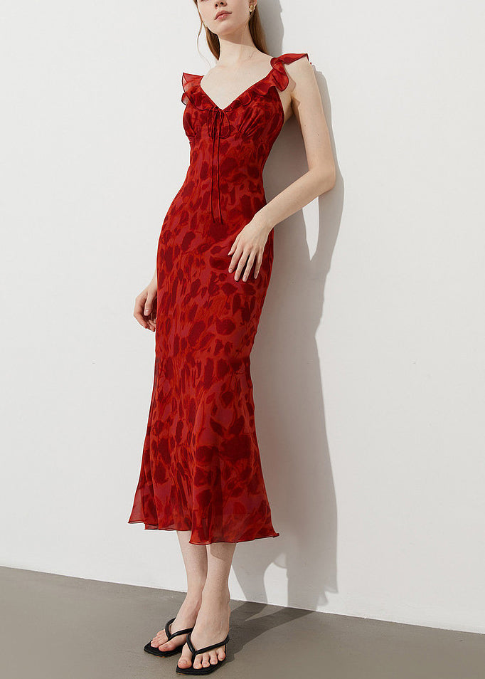Red Print Chiffon Ankle Dress Ruffled Summer