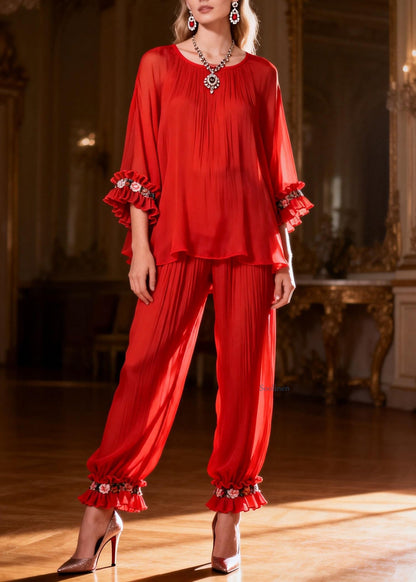 Red Ruffled Solid Two Pieces Set O Neck Spring