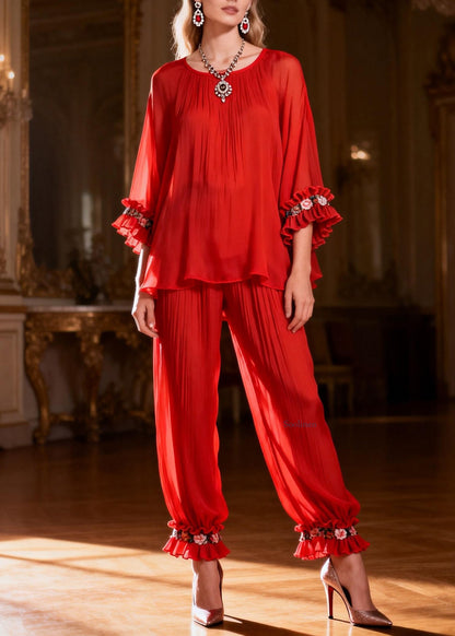 Red Ruffled Solid Two Pieces Set O Neck Spring