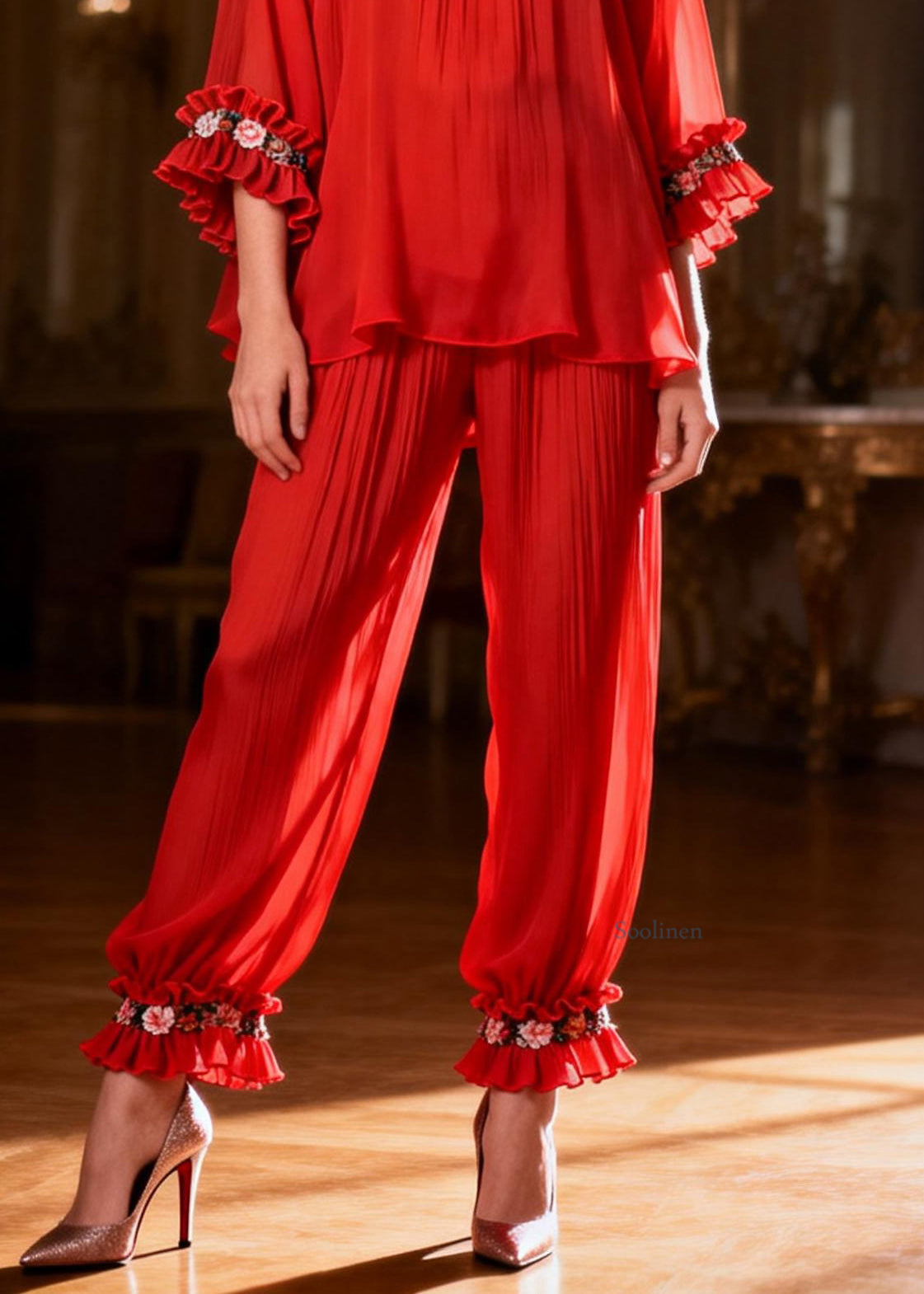 Red Ruffled Solid Two Pieces Set O Neck Spring