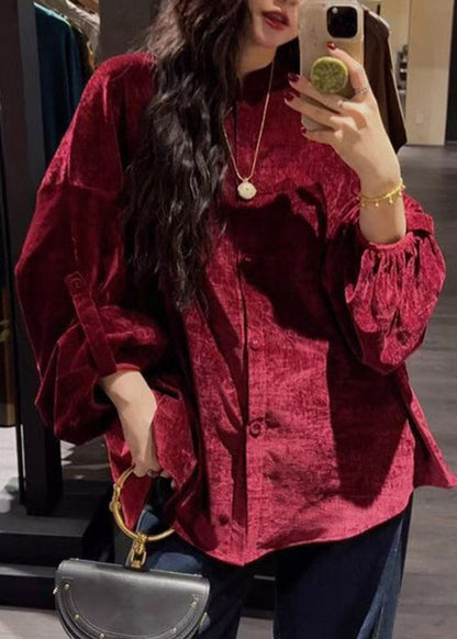 Red Stand Collar Solid Shirt Long Sleeve