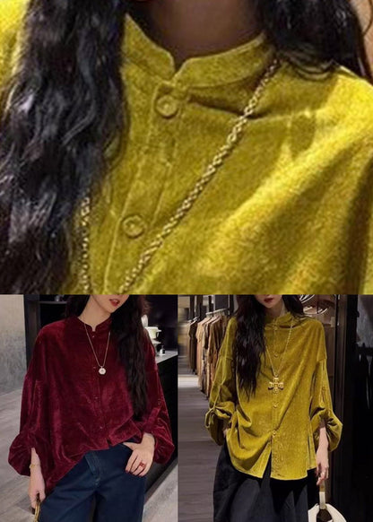 Red Stand Collar Solid Shirt Long Sleeve