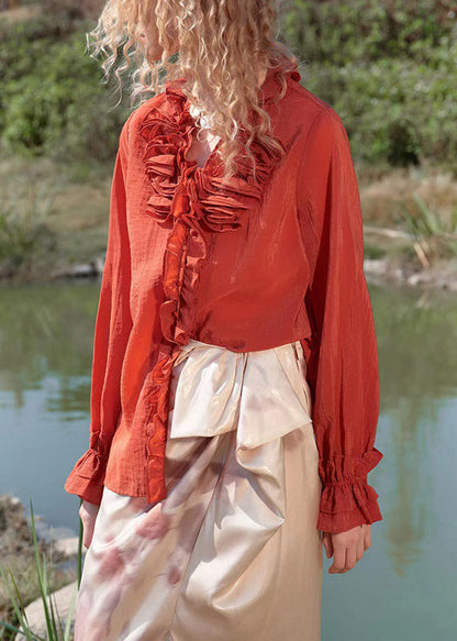 Red V Neck Butto Solid Tops Spring