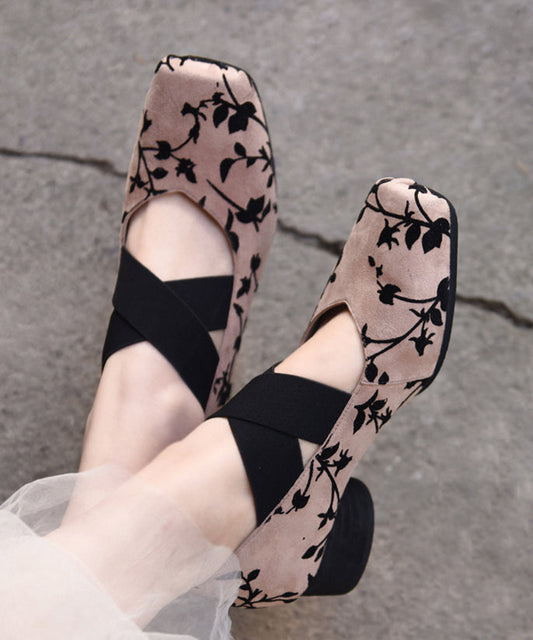 Retro Apricot Suede Elastic Cross Strap Chunky Heel
