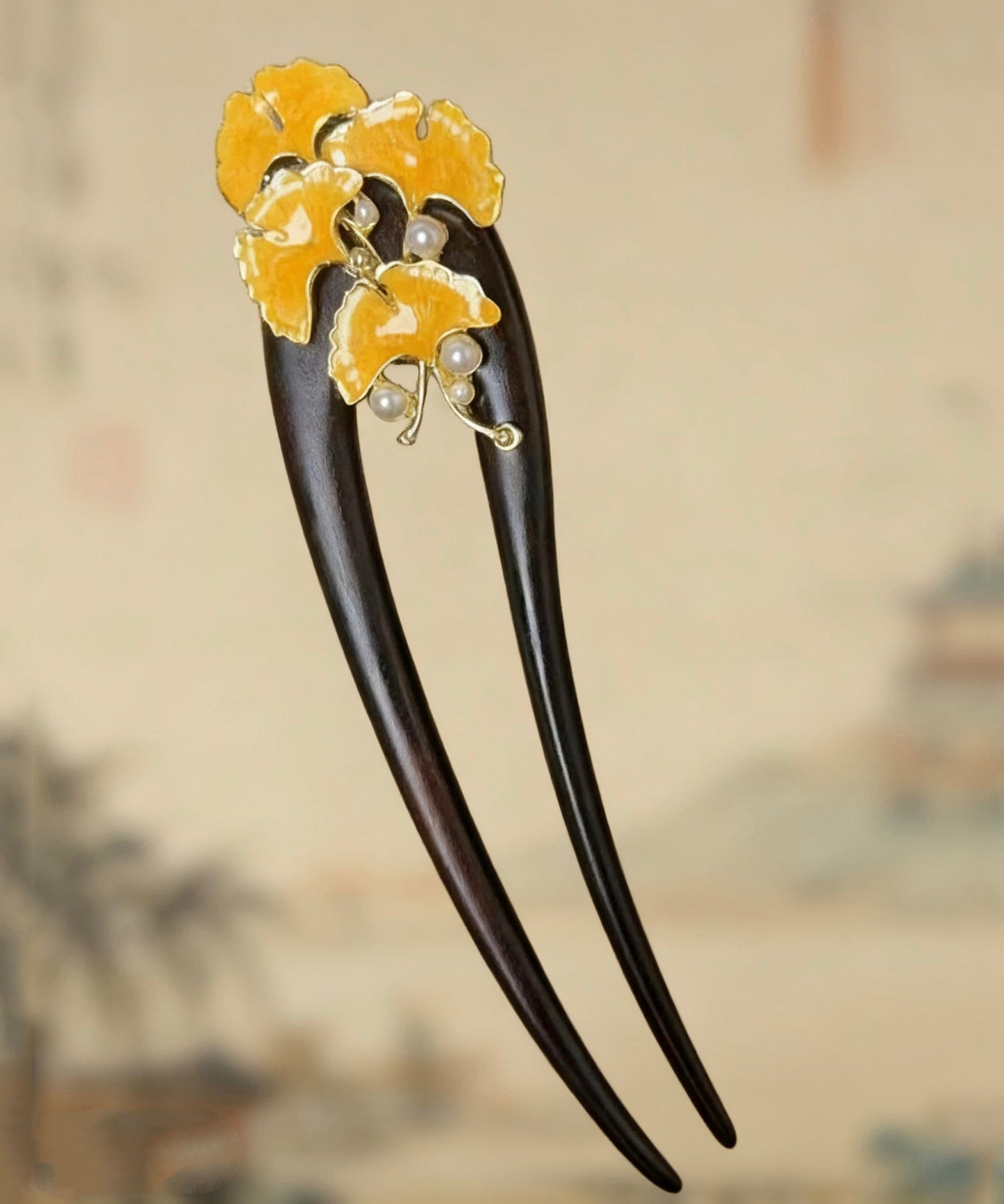 Retro Black Wooden Pearl Floral U-Shaped Hairpin