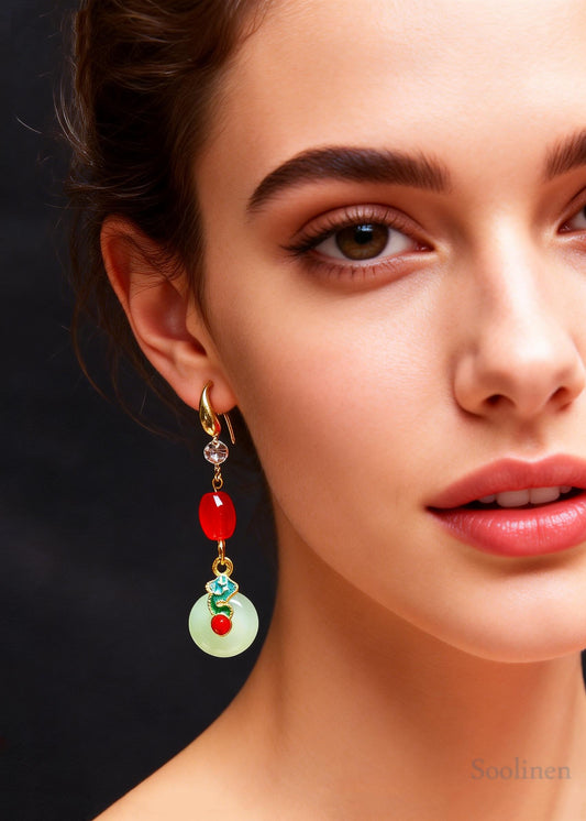 Retro Coral Bead Catenation Zircon Fine Jade Drop Earrings