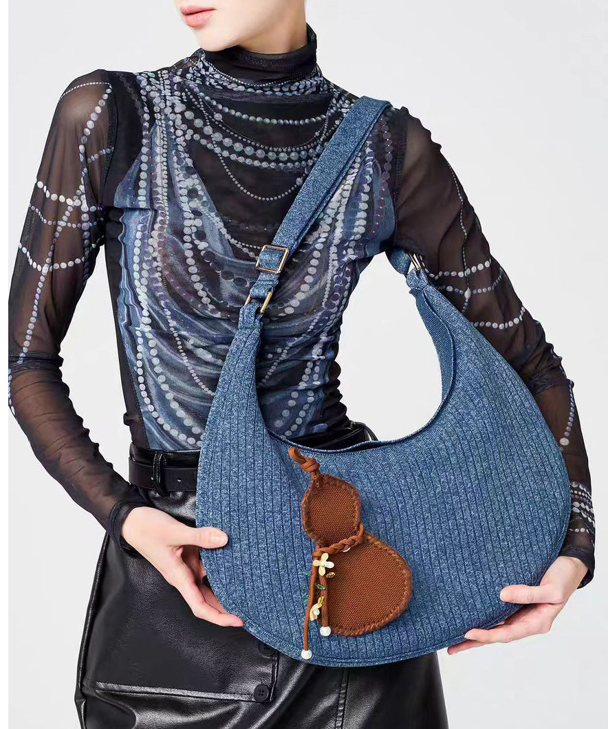 Retro Denim Blue Solid Durable Pendant Cotton Hobo Bag
