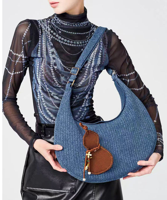 Retro Denim Blue Solid Durable Pendant Cotton Hobo Bag