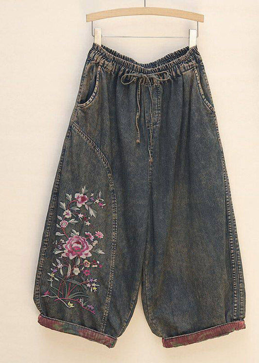 Retro Embroidered Floral Crop Jeans Summer