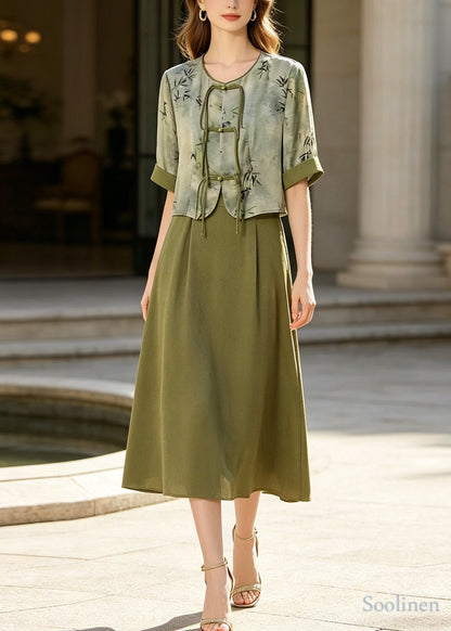 Retro Green Print Chinese Button Silk Dress Two Piece Set Summer