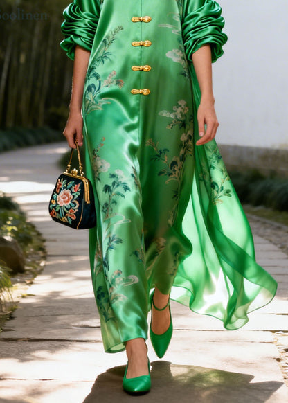 Retro Green V Neck Print Wrinkled Silk Vacation Dresses