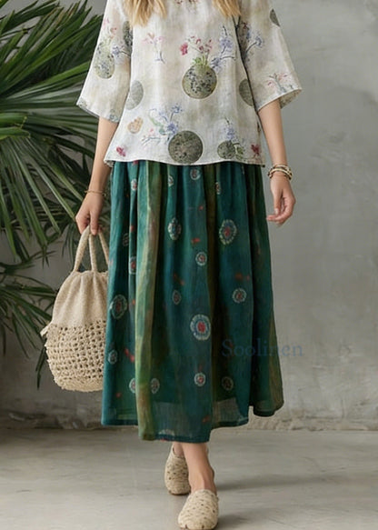 Retro Light Green O-Neck Print Blouse Spring Top