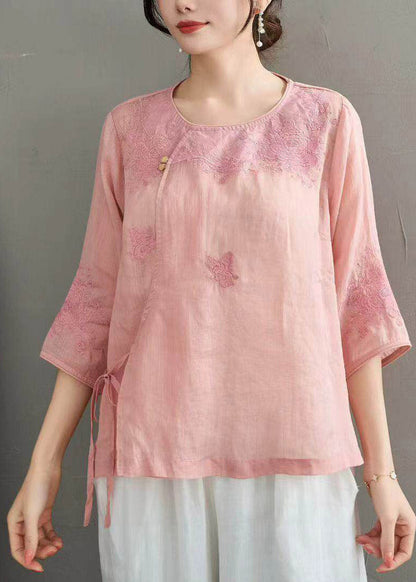 Retro Light Pink Embroidered Tie Waist Linen Top Half Sleeve