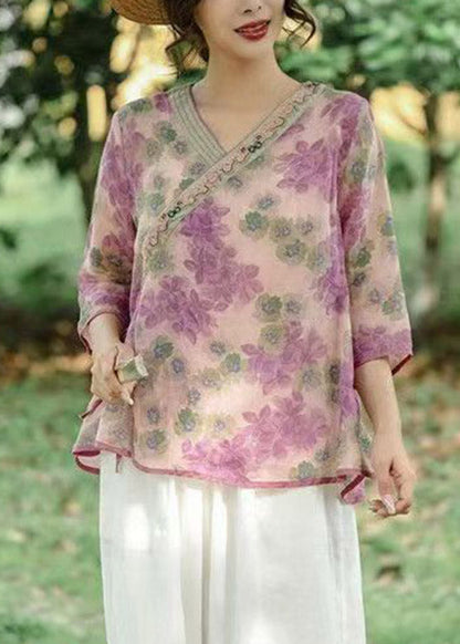 Retro Pink Patchwork Tie Waist Linen Shirts Three Quarter Sleeve