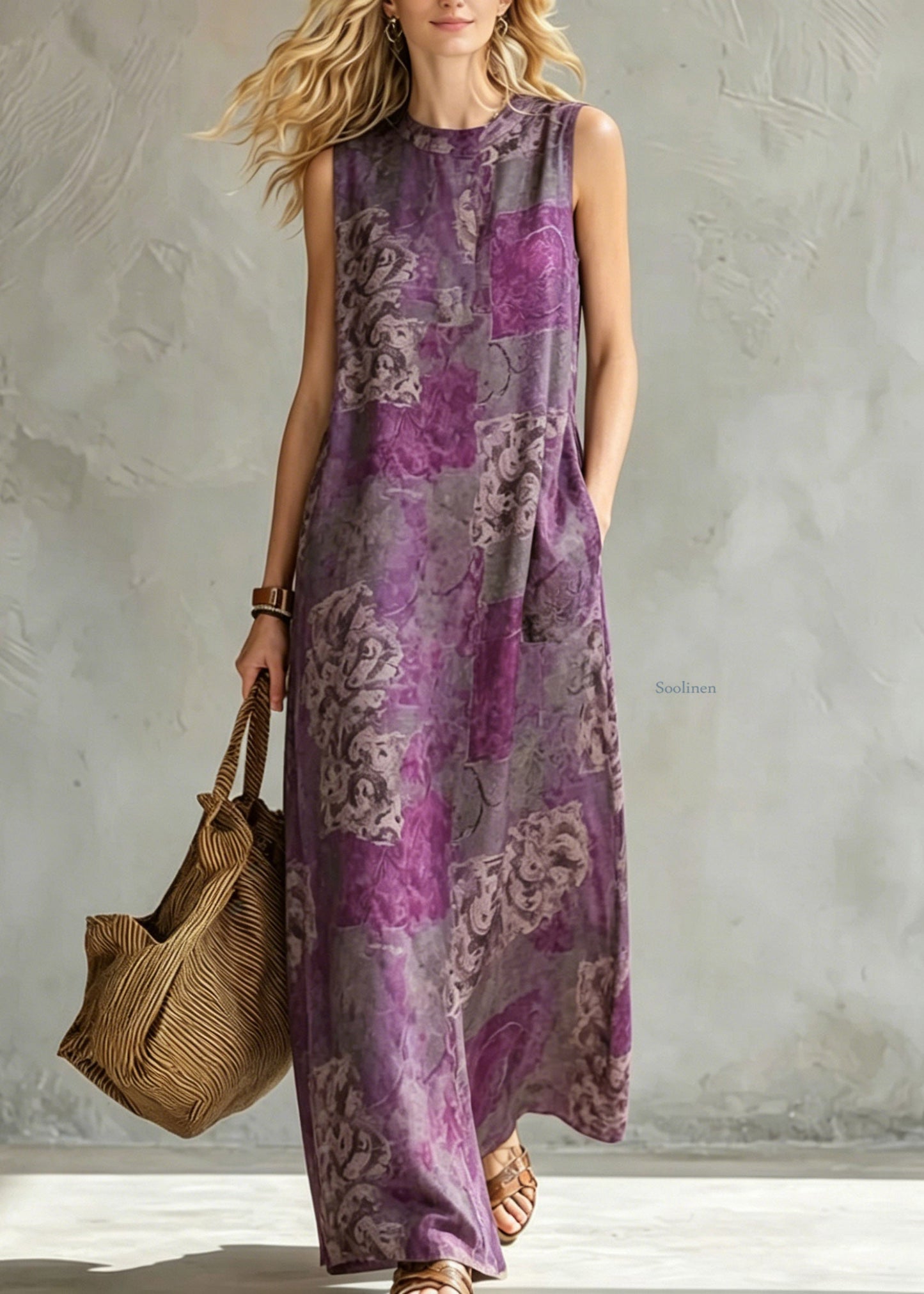 Retro Purple Pockets Patchwork Maxi Dress Summer