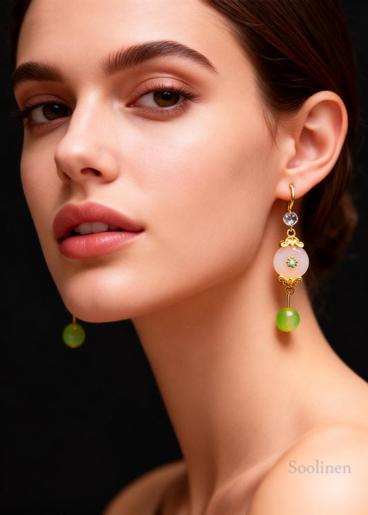 Retro White Jade Fine Zircon Long Drop Earrings