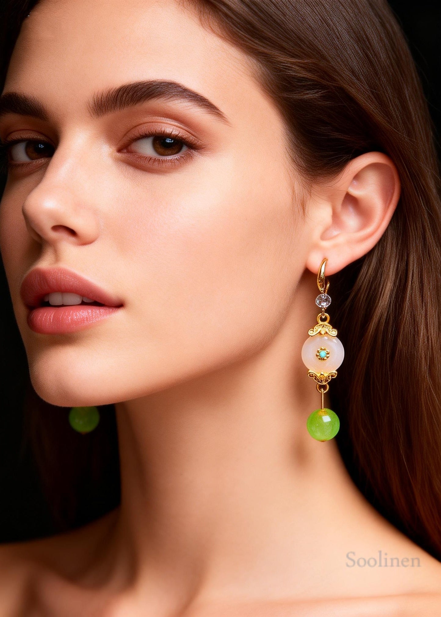 Retro White Jade Fine Zircon Long Drop Earrings