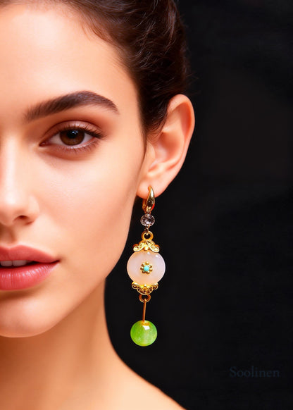 Retro White Jade Fine Zircon Long Drop Earrings