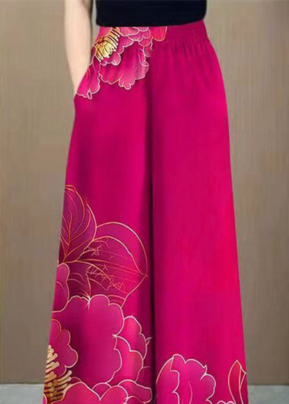 Rose Print Elastic Waist Cotton Wide Leg Pants Pockets Summer
