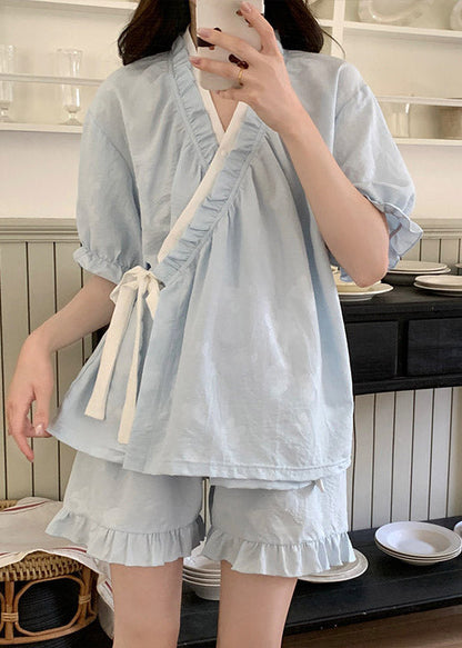 Ruffled Green Patchwork Tie Waist Pajama Sets