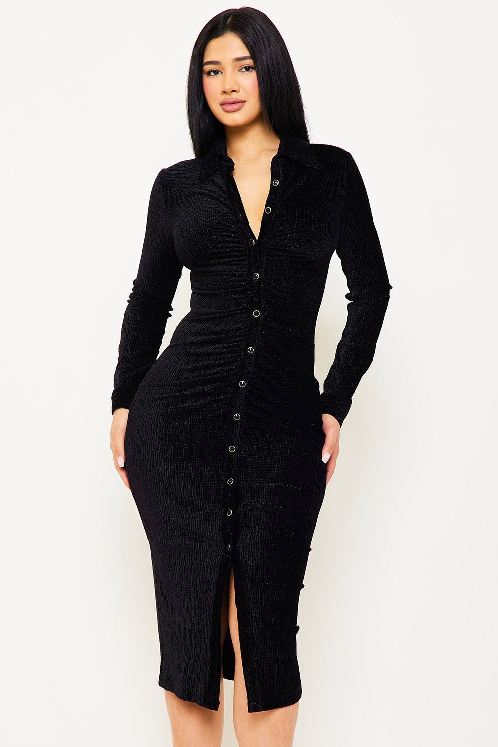 Symphony Dress - Textured Fabric Button Up Front Midi Shirt Dress