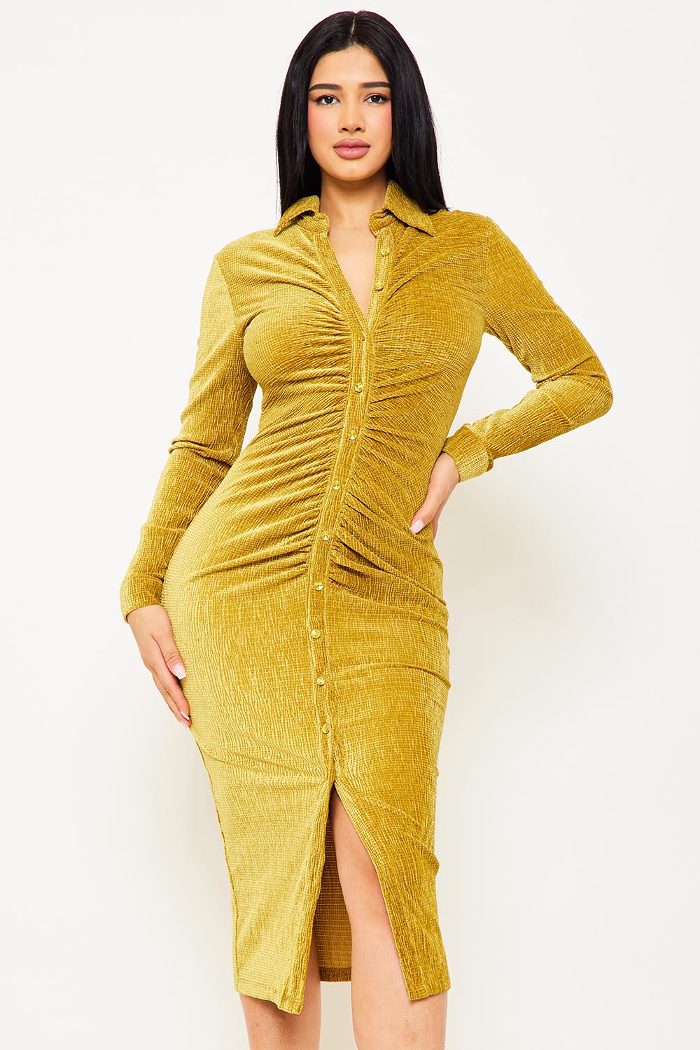 Symphony Dress - Textured Fabric Button Up Front Midi Shirt Dress