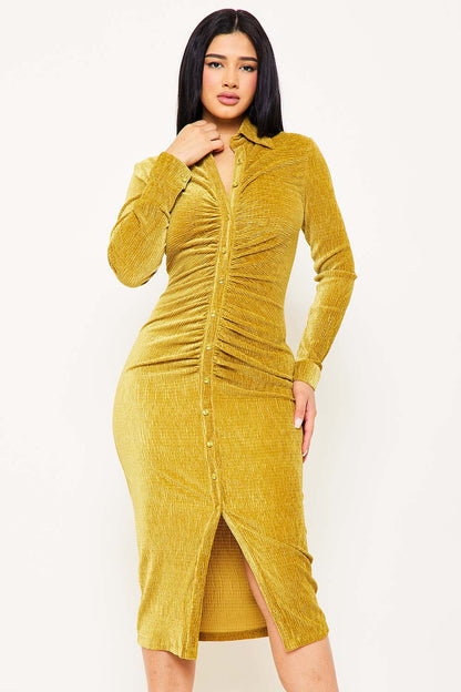 Symphony Dress - Textured Fabric Button Up Front Midi Shirt Dress