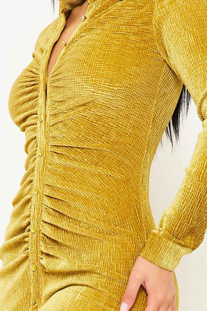 Symphony Dress - Textured Fabric Button Up Front Midi Shirt Dress