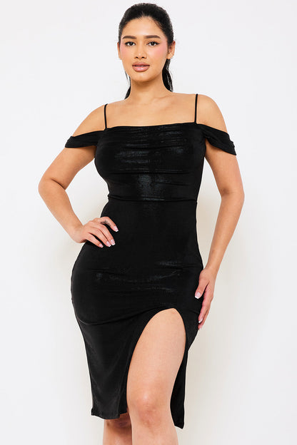 Symphony Dress - Shimmer Satin Off The Shoulder Midi Dress