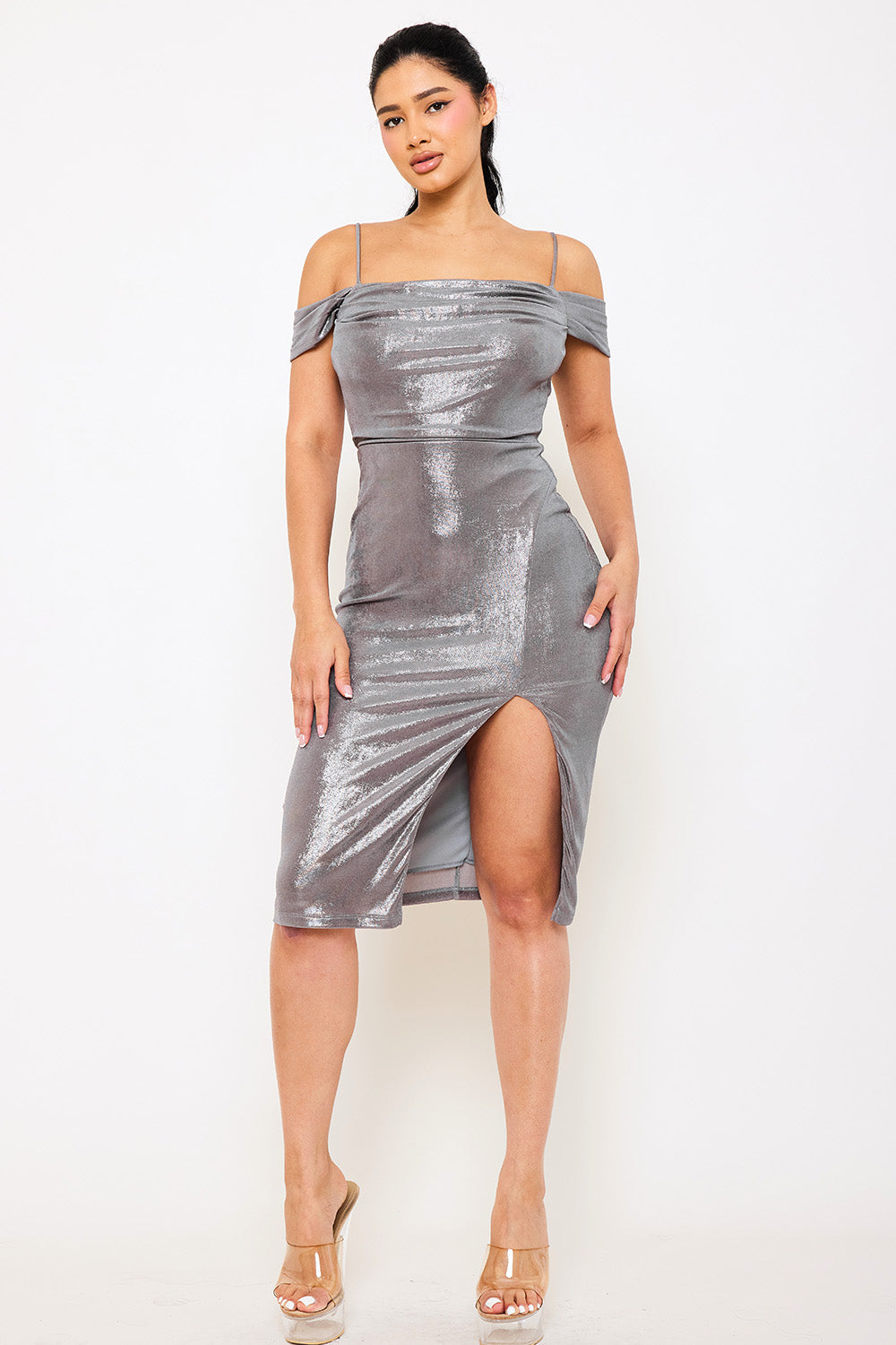 Symphony Dress - Shimmer Satin Off The Shoulder Midi Dress