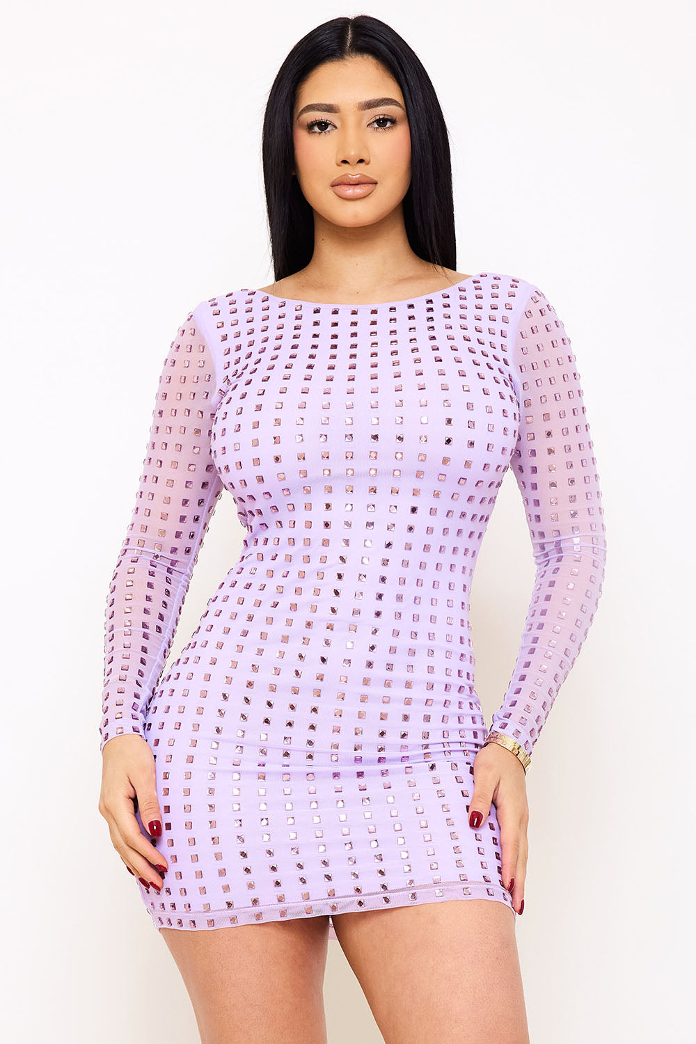 Symphony Dress - Square Rhinestone Long Sleeve Mini Dress