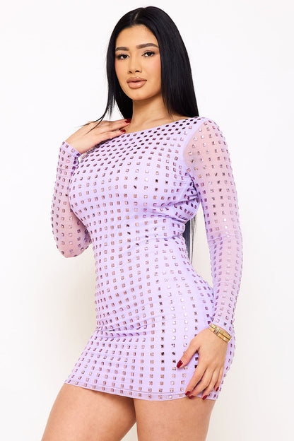 Symphony Dress - Square Rhinestone Long Sleeve Mini Dress