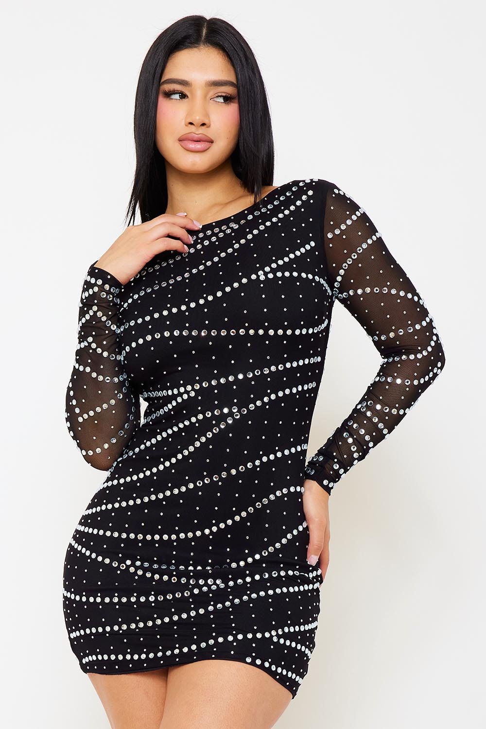 Symphony Dress - Small And Large Rhinestone Patterned Mesh Mini Dress
