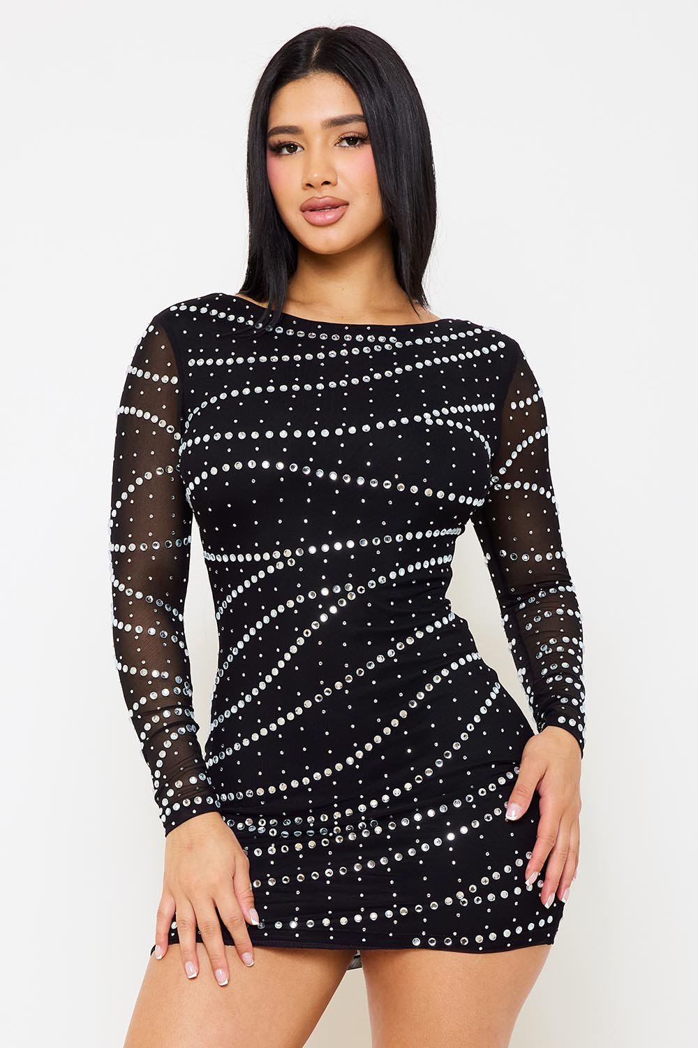 Symphony Dress - Small And Large Rhinestone Patterned Mesh Mini Dress