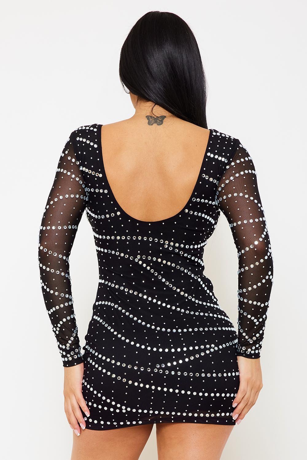Symphony Dress - Small And Large Rhinestone Patterned Mesh Mini Dress
