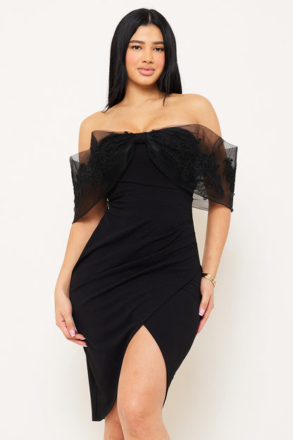 Symphony Dress - Embroidered Lace Applique Flower Mesh Midi Dress