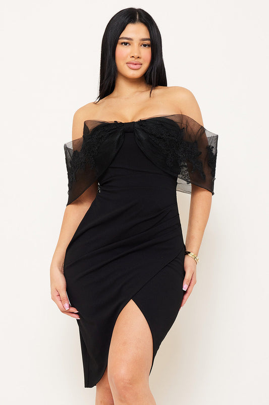 Symphony Dress - Embroidered Lace Applique Flower Mesh Midi Dress