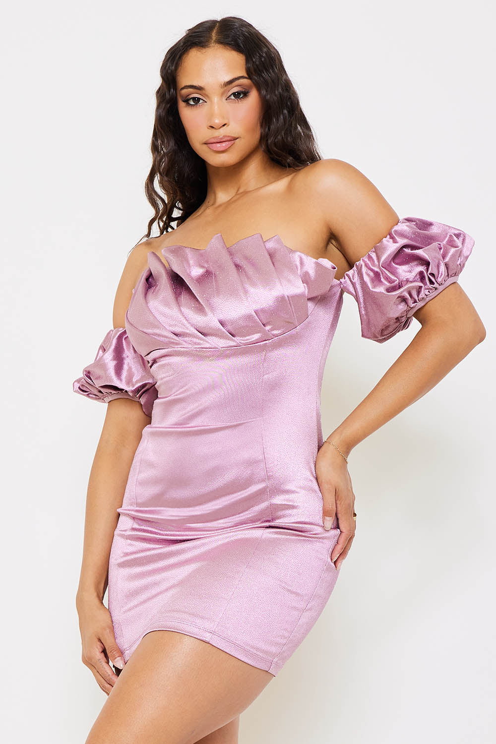 Symphony Dress - Glittered Satin Pleated Mini Dress