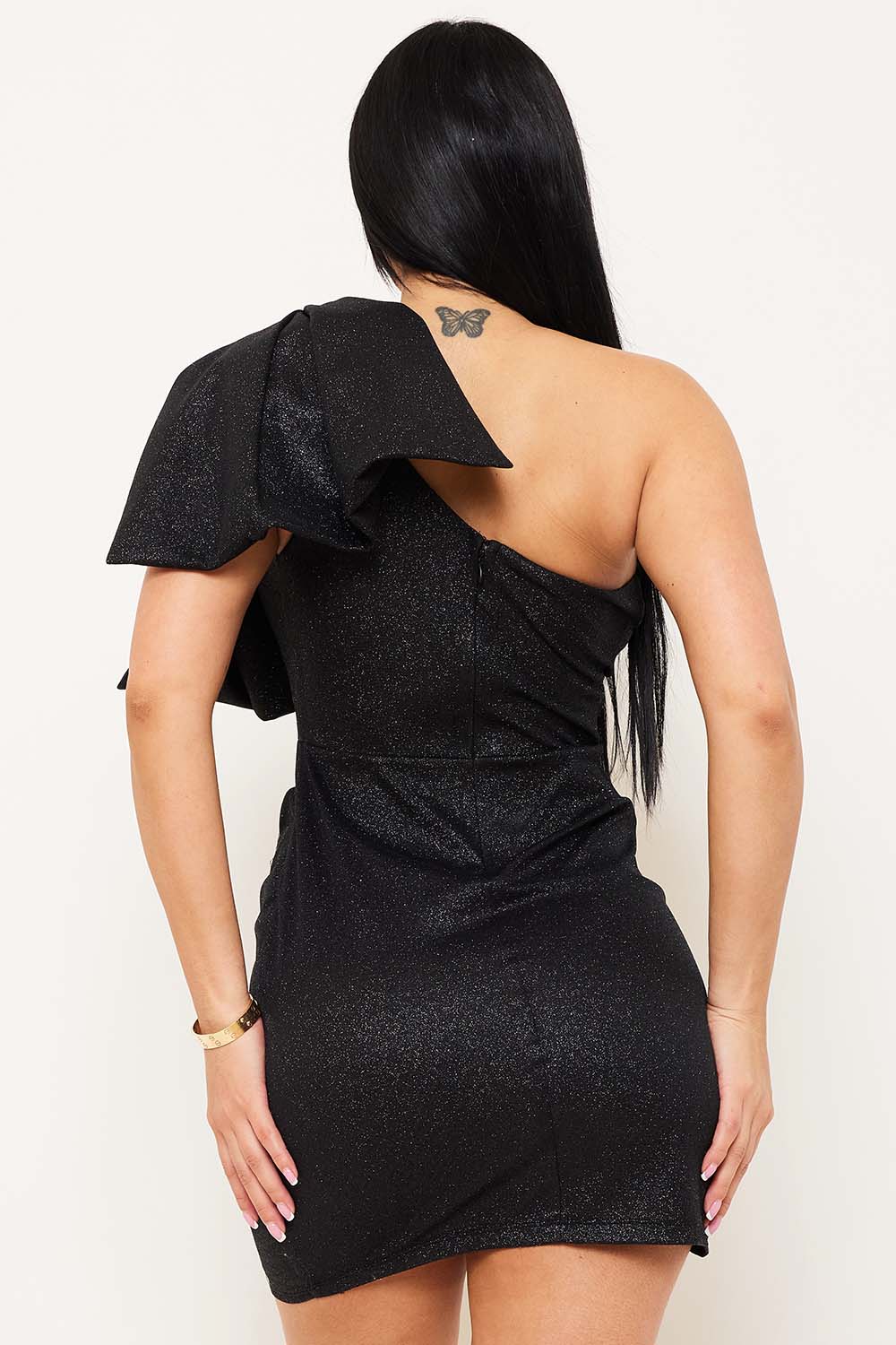 Symphony Dress - Shiny Knit Gltter Bow Shoulder Mini Dress