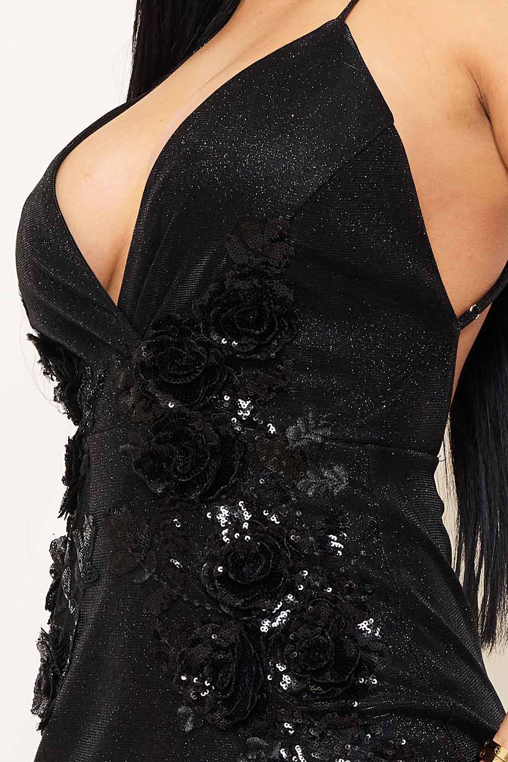 Symphony Dress - Flower Embellished Shiny Knit Wrap Mini Dress
